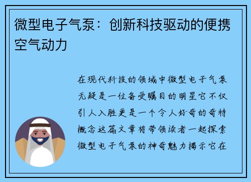 微型电子气泵：创新科技驱动的便携空气动力
